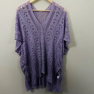 Purple Lilac Open Knit Poncho Cover Up Crochet Sweater Lace Up Oversz Fairy Boho